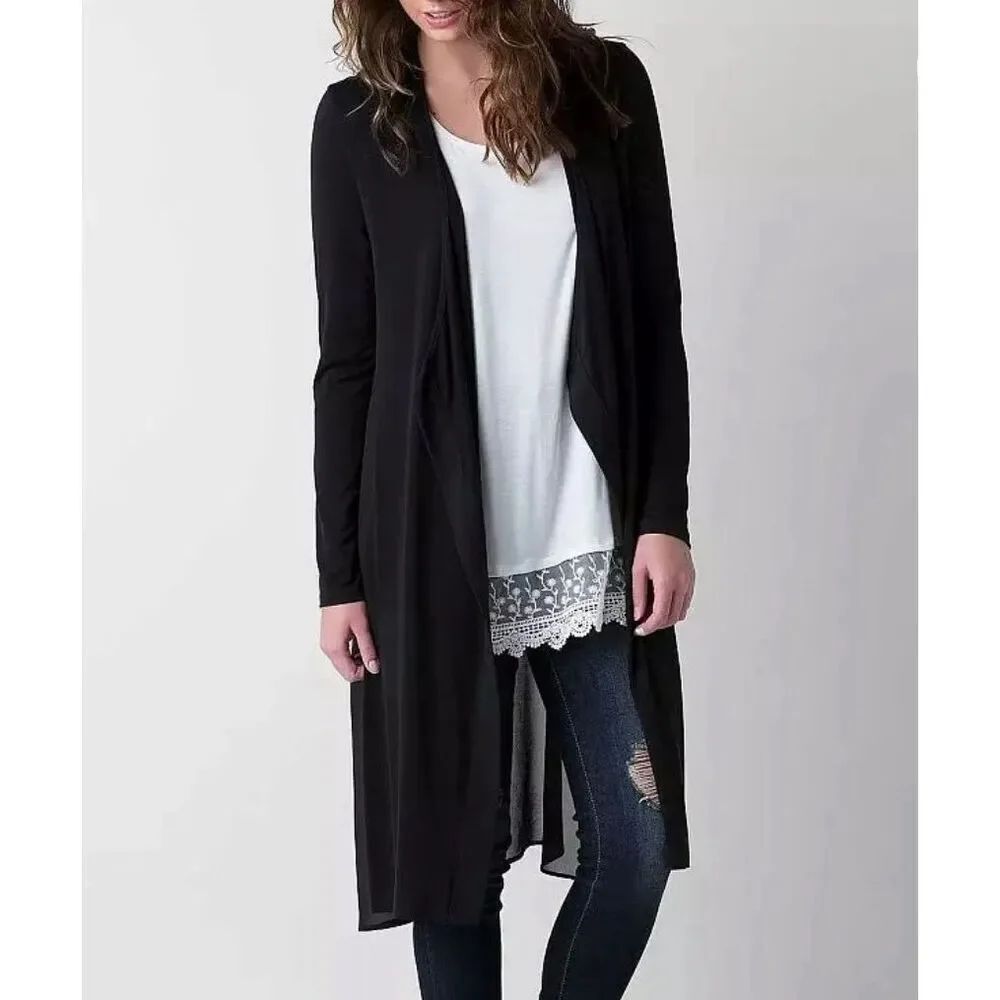 BKE Boutique Black Duster Cardigan Flyaway Open Front Sz Small Long Sleeve Light